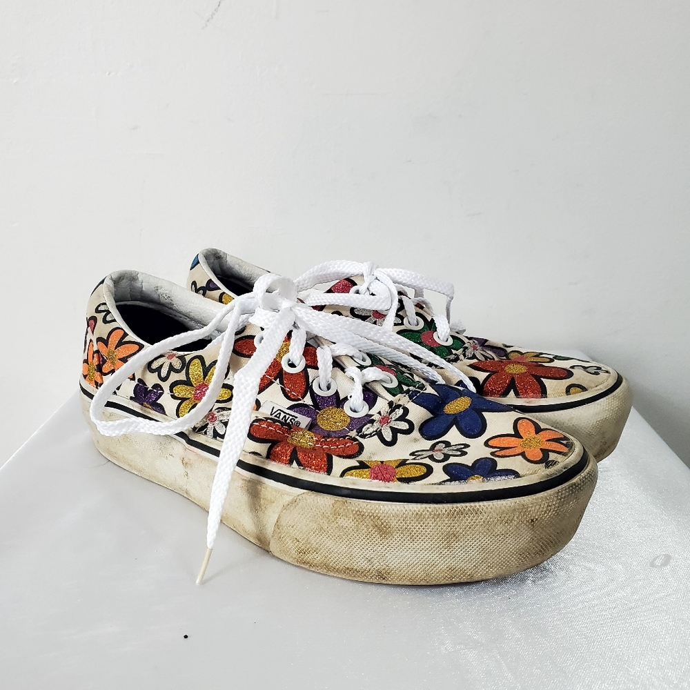 VANS Era Platform Sneakers Women Multicolor Glitter Daisies Rainbow Canvas 6.5US